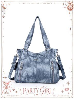 Washed Leather Hobo Shoulder Bag Multi Pocket Double Zip Crossbody
